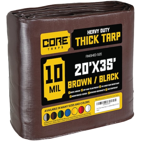 Core Tarps Heavy Duty Tarp, 35 ft L x 0.5 mm H x 20 ft W, 10 Mil, Brown/Black, Polyethylene CT-602-20X35